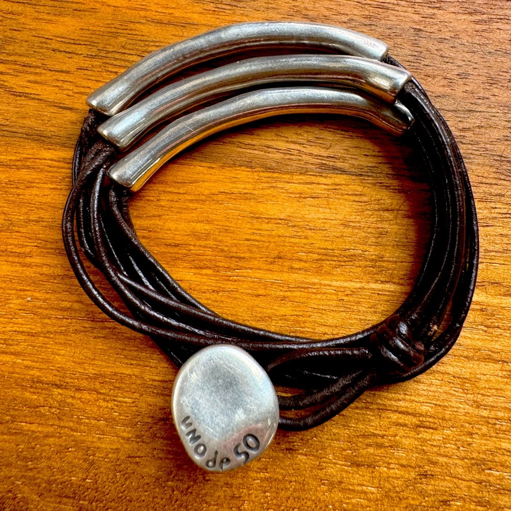 UNO de 50 Silver and Brown Leather Wrap Multi-Strand Bracelet